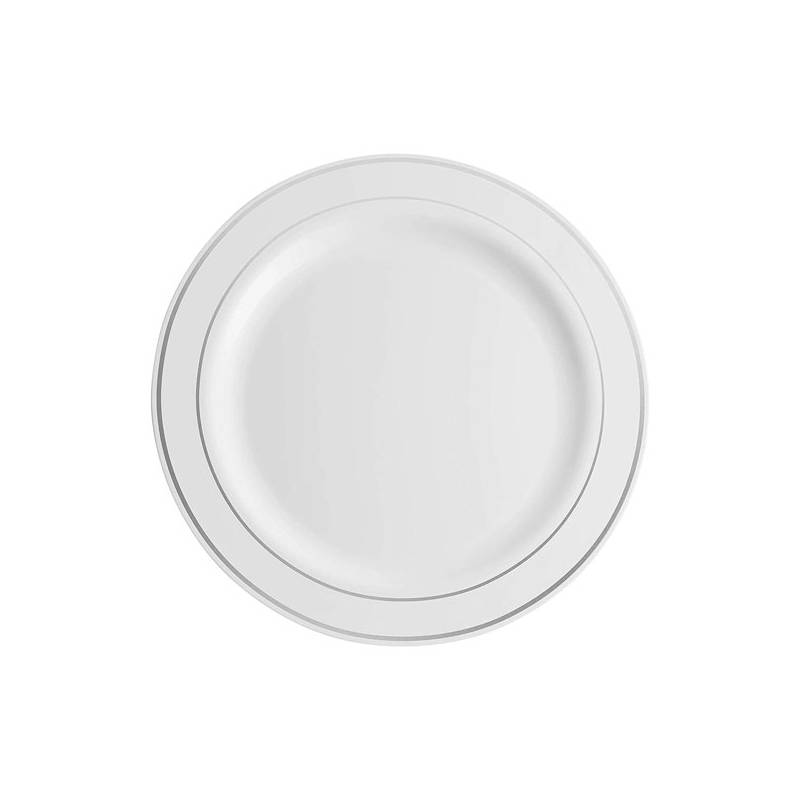 7.5 in. White Plastic Plate with Silver Rim - 150/Case